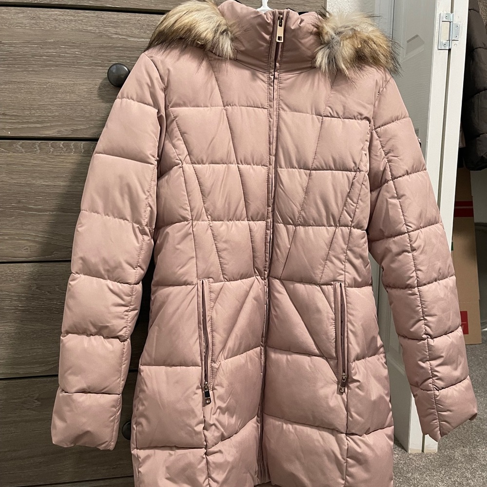 Calvin Klein Pink Puffer Coat with Quilted Design and Hood